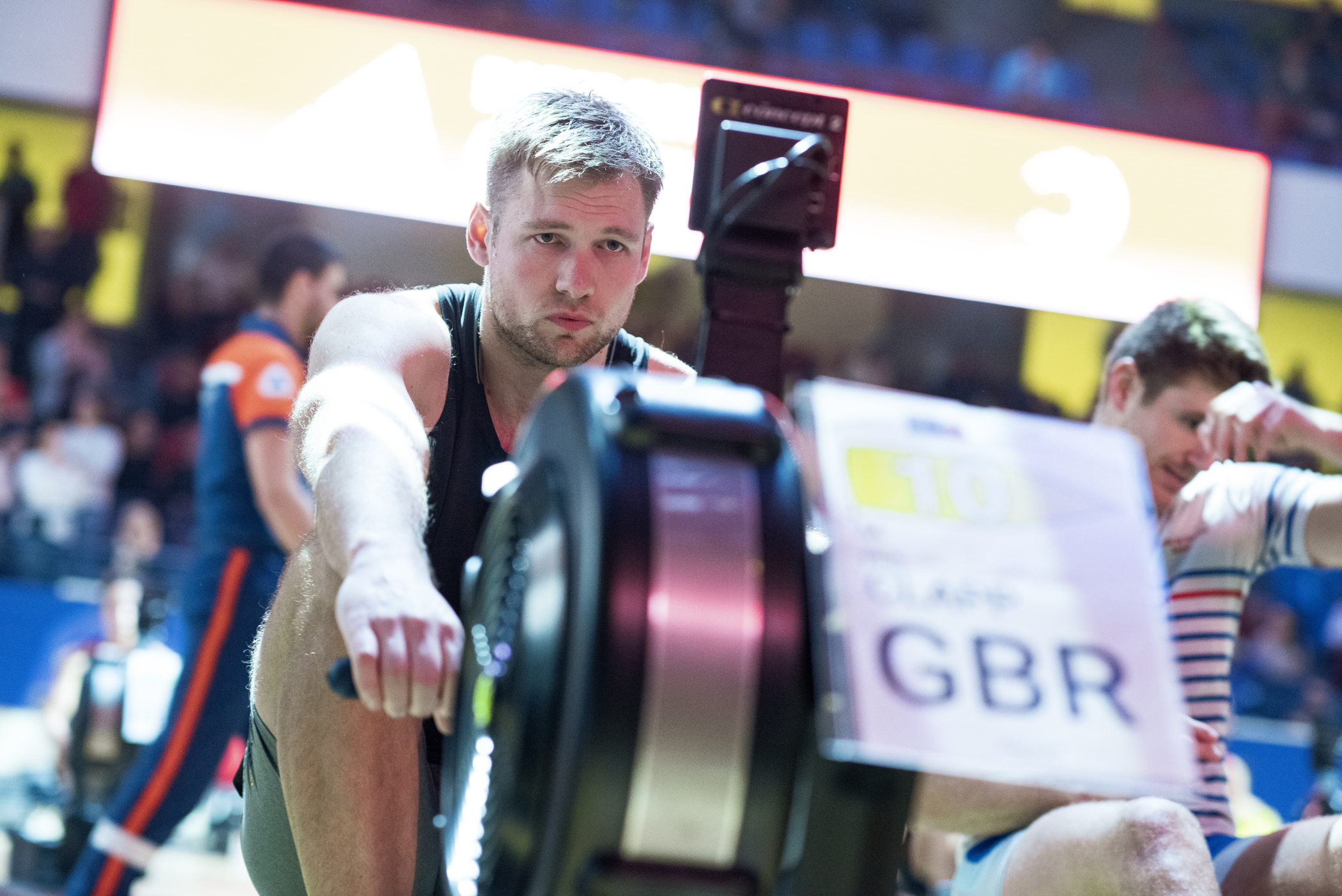 Phil Clapp about to start a 500m race in the Paris World Rowing Indoor Championships